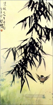 Bambú Xu Beihong y un pájaro chino antiguo. Pinturas al óleo